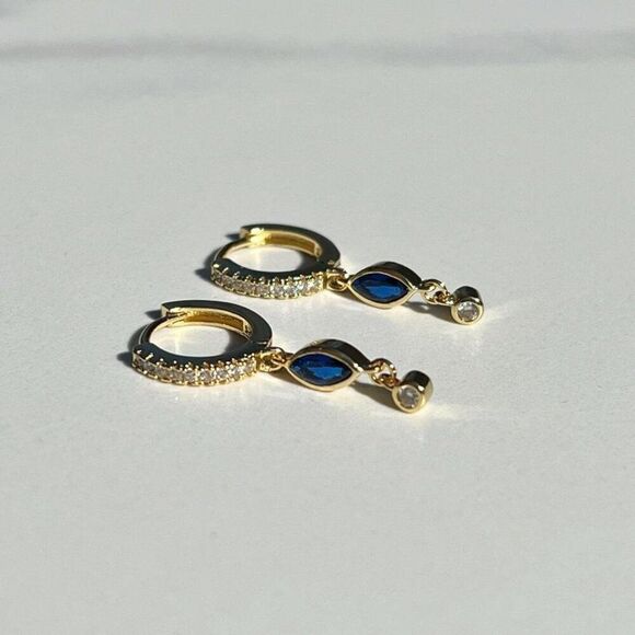 New! “Elaine” Dainty Navy Blue Drop Hoop Earrings - Picture 1 of 3